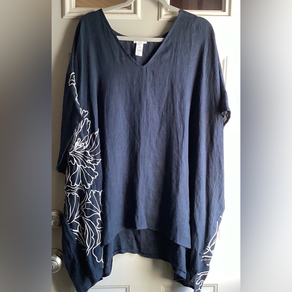 J Jill Swim Cover Up Dress size XL-3X Navy Blue Embroidered Flowy Top Tunic